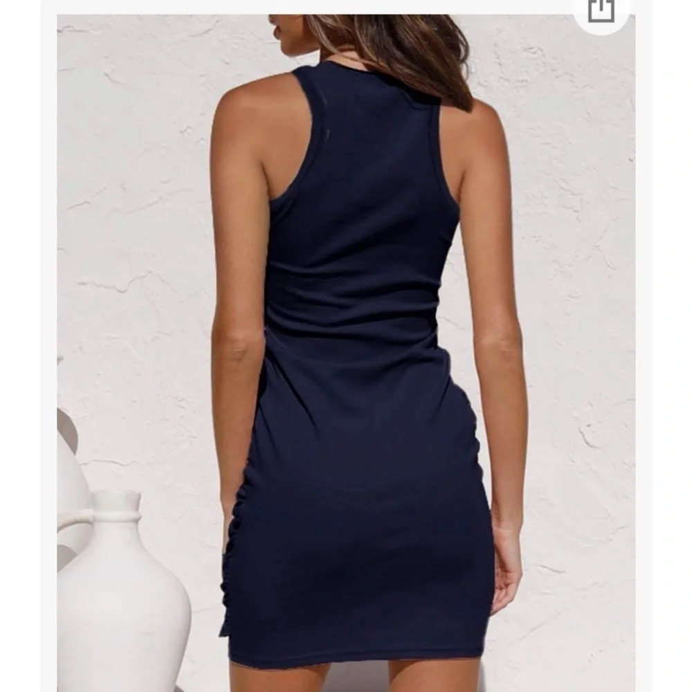 LILLUSORY Summer Casual Sleeveless Bodycon Ruched Tie Waist Mini Dresses - Picture 3 of 4